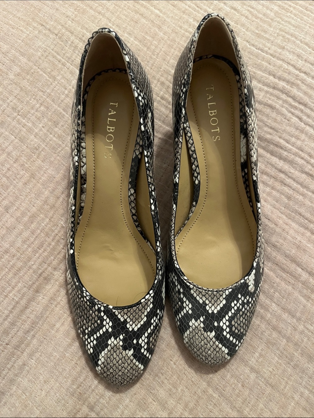 Talbots Black & Gray Snake-Print Block Heel Pumps with Silver Heel Detail